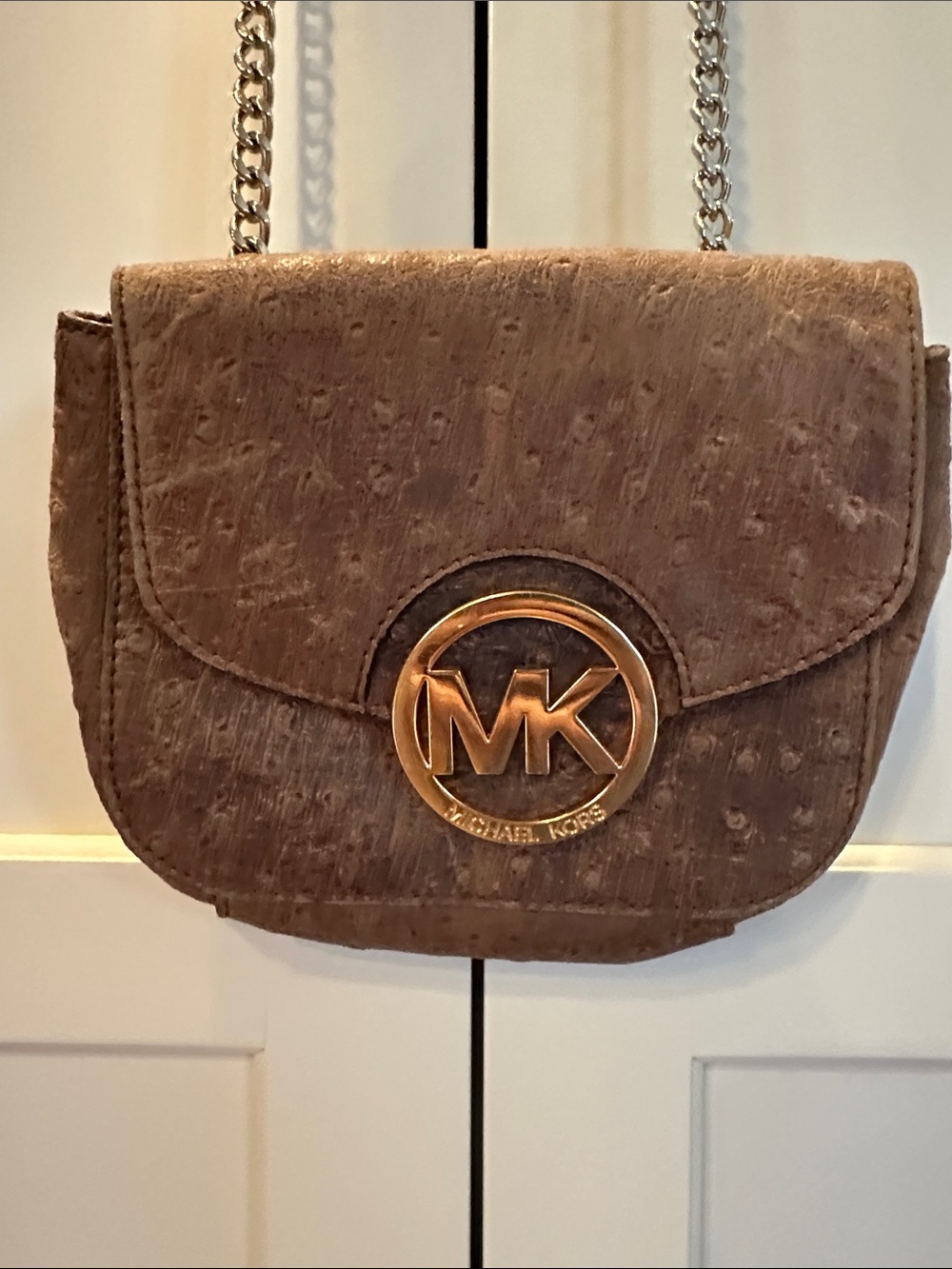 Michael Kors Brown Ostrich-Texture Crossbody with Gold MK Medallion